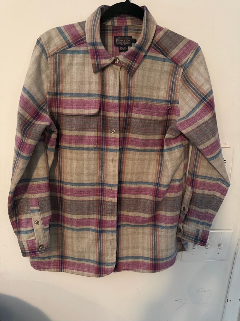 Pendleton Beige Plaid Jacket with Pink & Blue Stripes